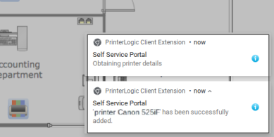 Chromebook printer installation notifications showing it's obtaining the printer details, and then another message that the printer was successfully installed. 